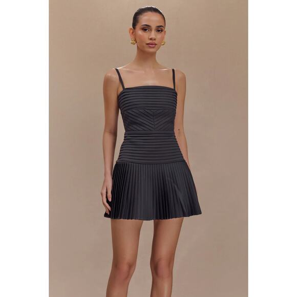 Meshki Rylee Multi Pleat Mini Dress Charcoal Size Large, Structured Satin Corset - Picture 1 of 7